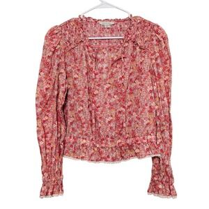 American Eagle Floral Blouse Long Sleeve Smocked Ruffle Pink Top Women's M